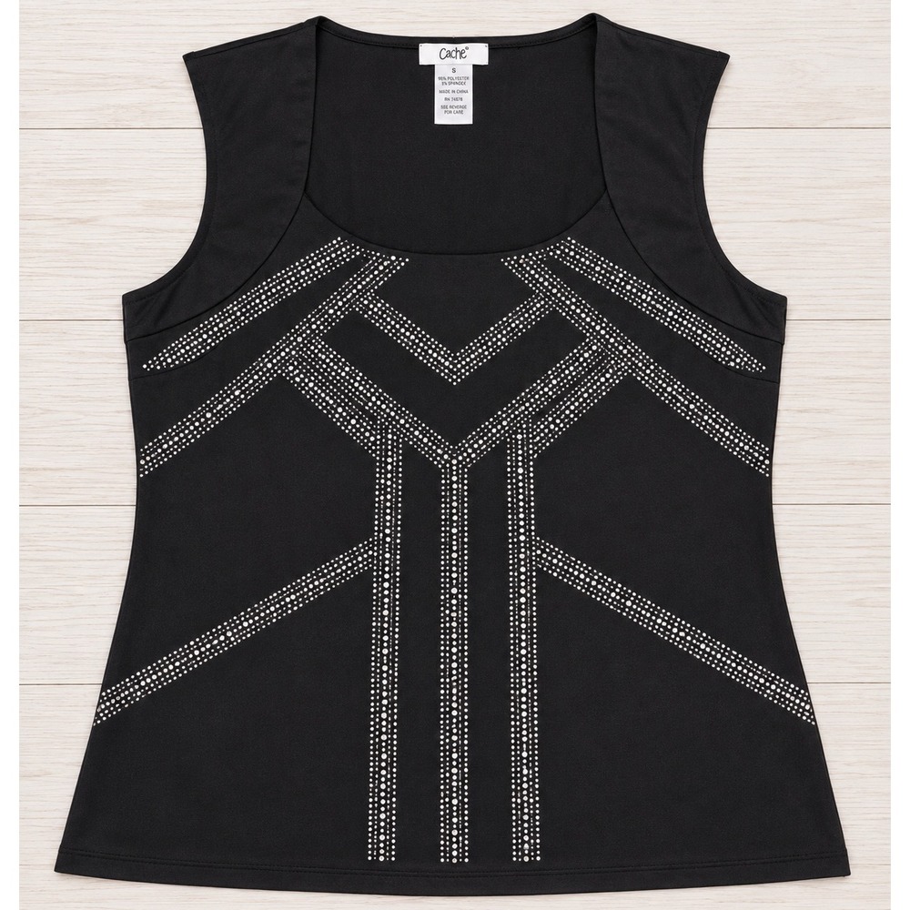 Cache Tank Top Rhinestone clubwear sparkle Embellished Black Sleeveless Bling XL